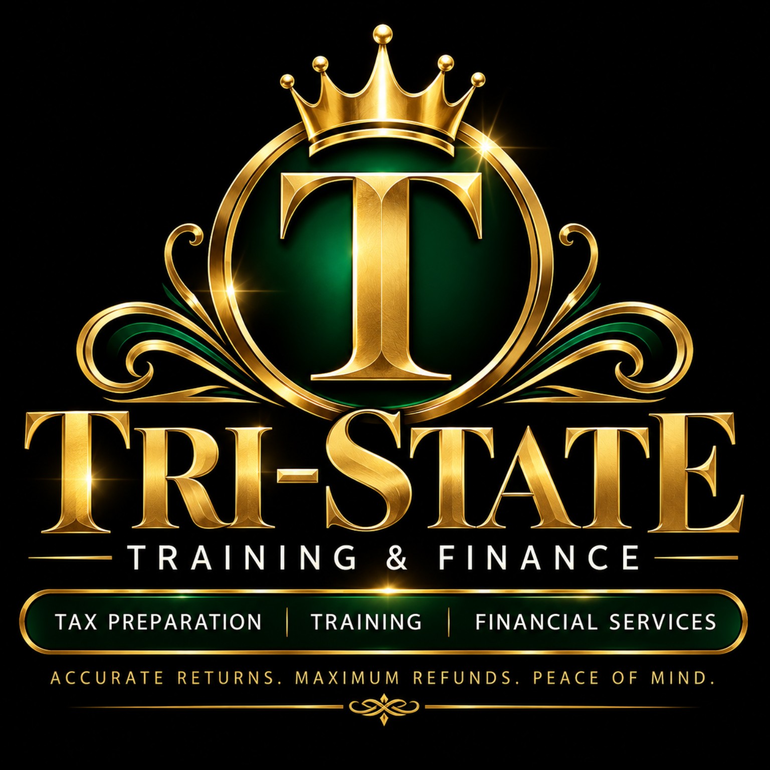 Tri-State Training & Finance gold crown logo. Tax preparation, training, financial services. Accurate returns. Maximum refunds. Peace of mind.